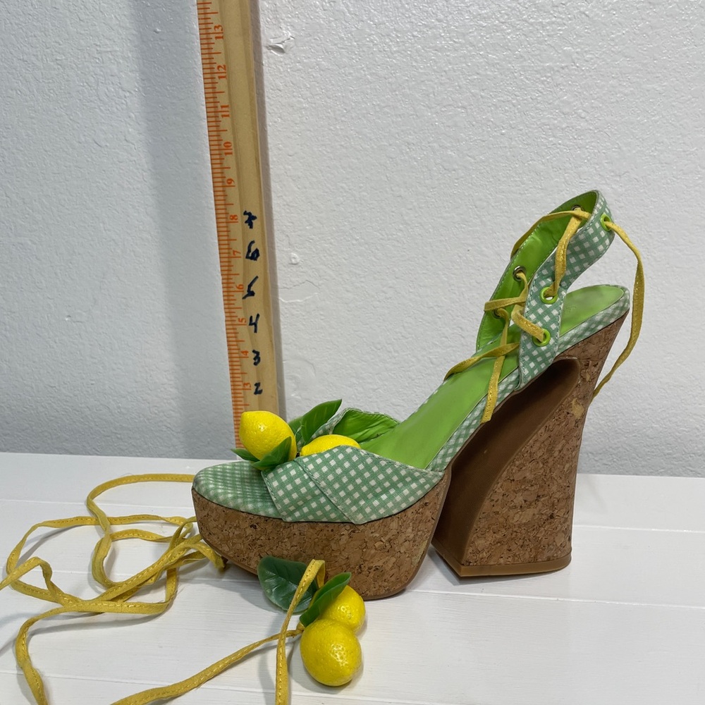 Green Lemon Accent Cork Platform Sandals